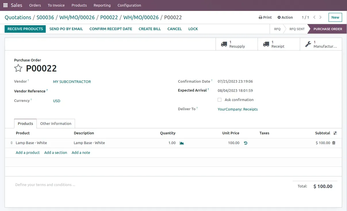 Odoo Purchase Order(PO) Subcontracting