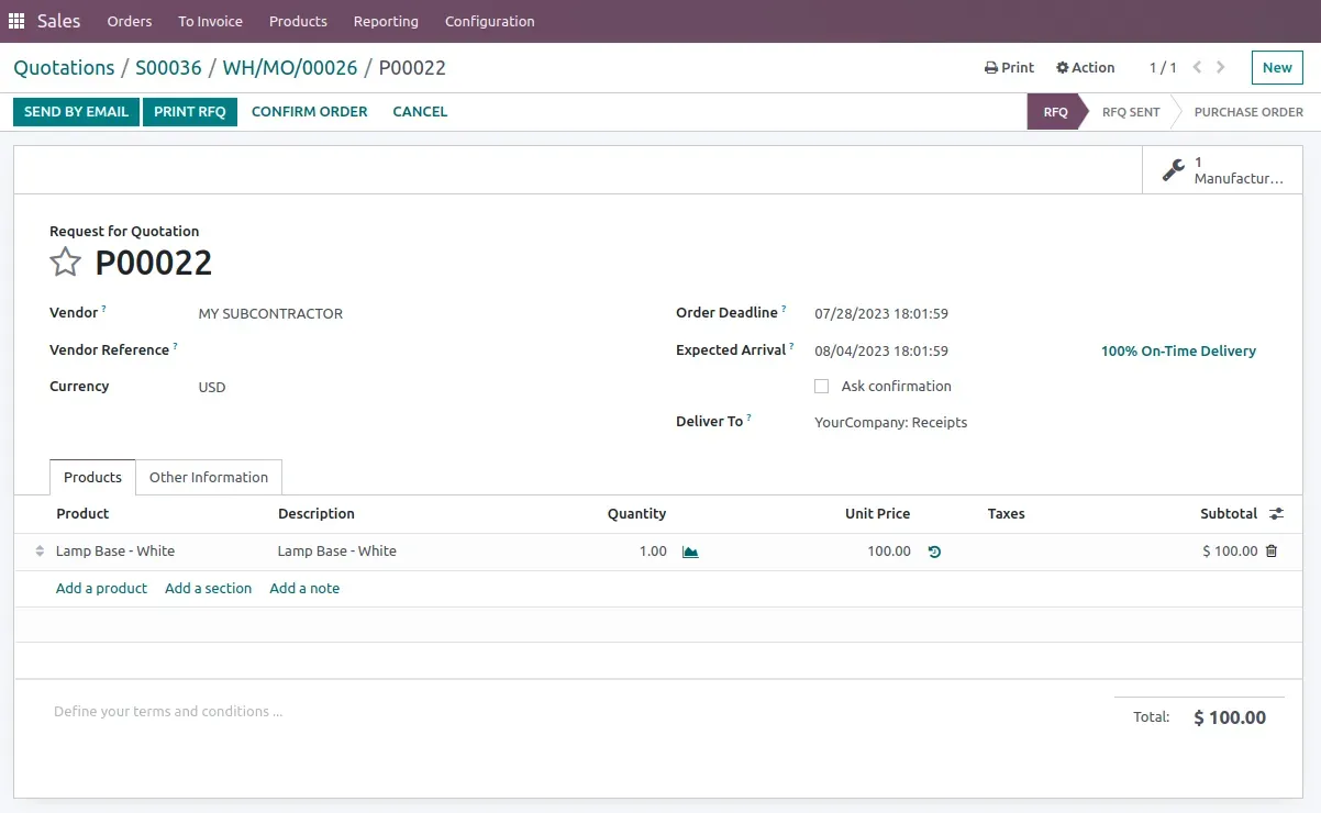 Odoo Request For Quotation(RFQ) Subcontracting