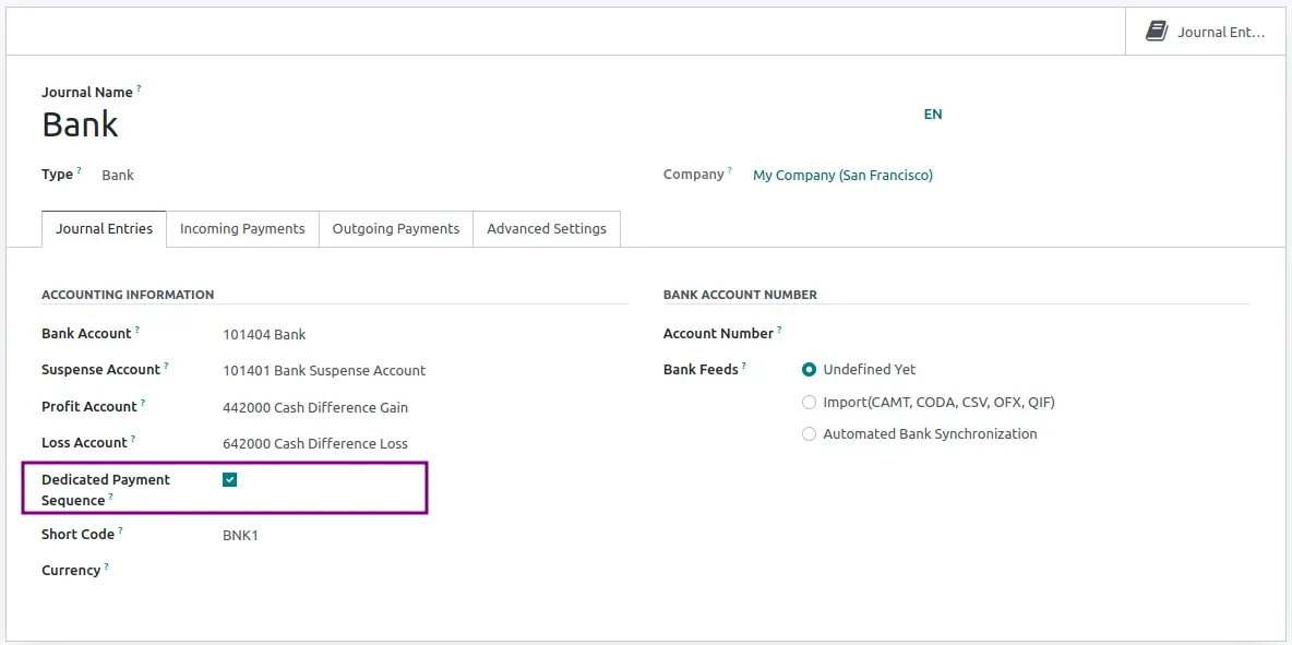 Odoo Dedicated Payment sequence
