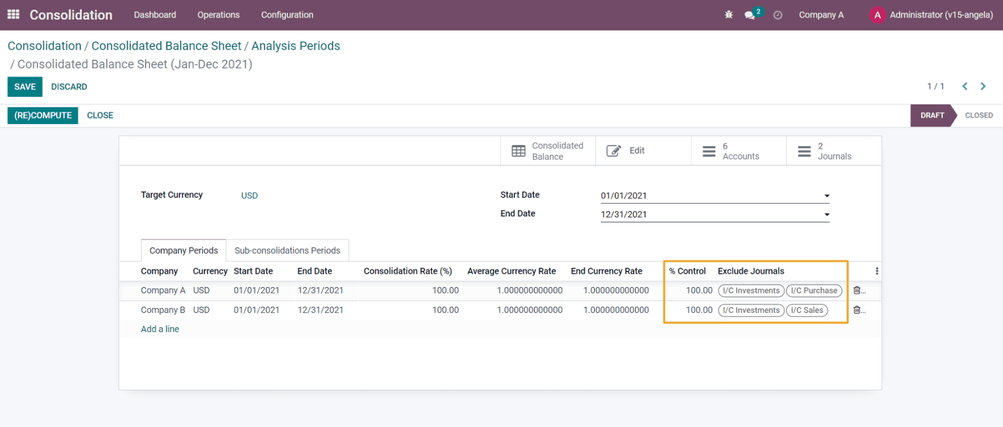 Odoo Consolidation - Exclude journals
