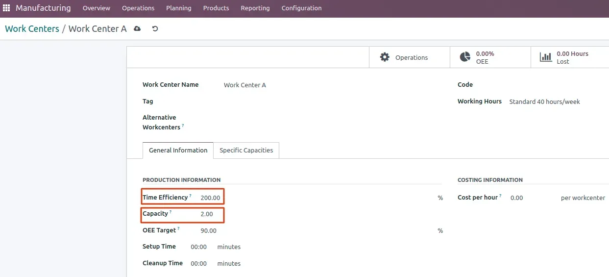 Odoo Time efficiency and capacity change