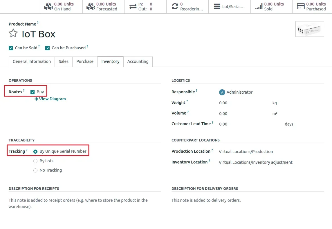 oT product creation in Odoo - routes and traceability