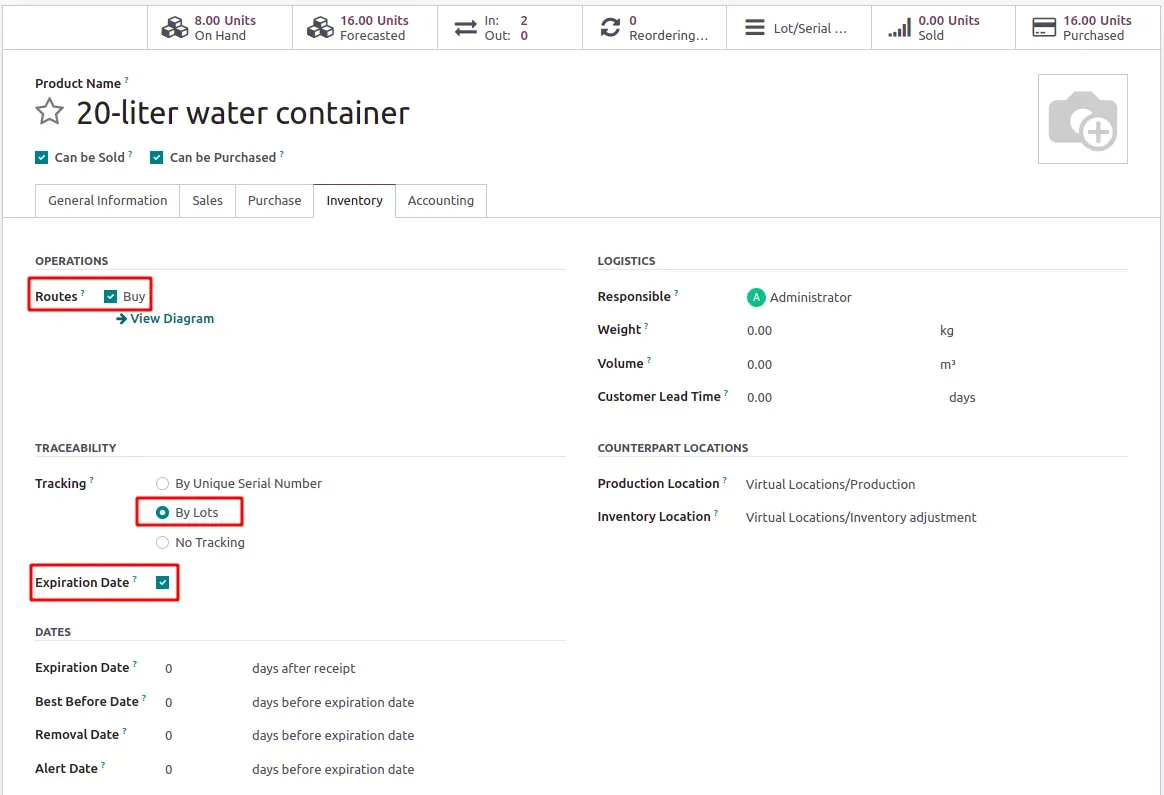 20-liter water container product creation  in Odoo - routes and traceability